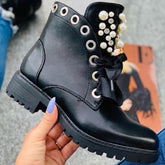 Autumn Black Round Toe Solid Color Lace-up Motorcycle-BS00972-Veeddydropshipping